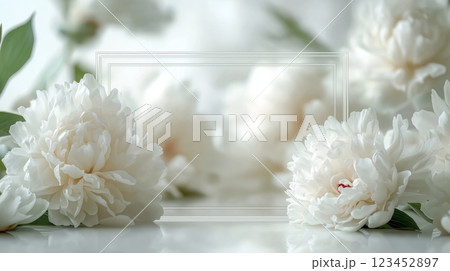 a blurred transparent frame against white peonies on background, space for text. 123452897