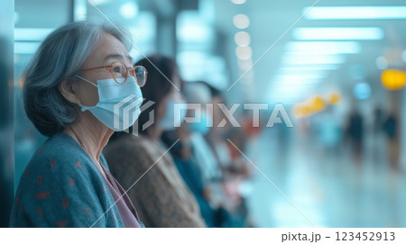 Senior woman waiting quietly in a busy airport terminal with a mask 123452913