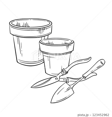 Flower pots, trowel, and pruning shears. Isolated vector line illustration. Ideal for eco-friendly gardening, spring planting, and landscaping projects. Ideal for seasonal card, postcard, sign 123452962