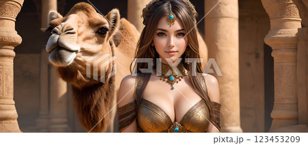 駱駝と旅をする美女　A beautiful woman traveling with a camel 123453209