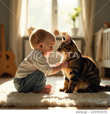 A baby kneels on a soft rug reaching out to gently touch a curious cat. Sunlight streams through a window creating a warm inviting atmosphere in the room. 123453372