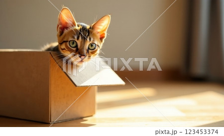 A curious kitten peeks out of a small cardboard box basking in warm sunlight streaming through a window. The playful feline has bright blue eyes and a lively demeanor. 123453374