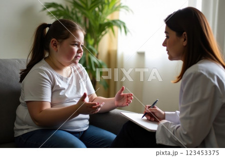 A young girl sits on a couch expressing her thoughts while a professional listens attentively and takes notes. Soft lighting creates a comfortable atmosphere for the conversation. A young girl sits on a couch expressing her thoughts while a professional listens attentively and takes notes. Soft lighting creates a comfortable atmosphere for the conversation. 123453375