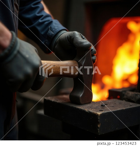 A skilled artisan hammers a glowing piece of metal on an anvil in a forge. The vibrant orange flames illuminate the workspace showcasing the dedication to traditional craftsmanship. A skilled artisan hammers a glowing piece of metal on an anvil in a forge. The vibrant orange flames illuminate the workspace showcasing the dedication to traditional craftsmanship. 123453423