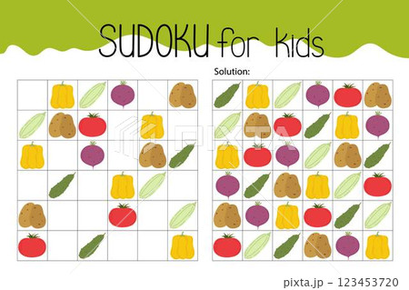 Vegetables sudoku educational game or leisure activity worksheet hand drawn illustration, printable grid to fill in missing images, food topical vocabulary, puzzle with solution, teacher resources Vegetables sudoku educational game or leisure activity worksheet hand drawn illustration, printable grid to fill in missing images, food topical vocabulary, puzzle with solution, teacher resources 123453720