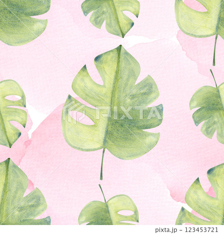 Monstera plant leaf watercolor illustration on pink watercolor background. High quality hand drawn design element perfect for spice box, cafe menu, spice packaging, recipes, label and logo decor Monstera plant leaf watercolor illustration on pink watercolor background. High quality hand drawn design element perfect for spice box, cafe menu, spice packaging, recipes, label and logo decor 123453721