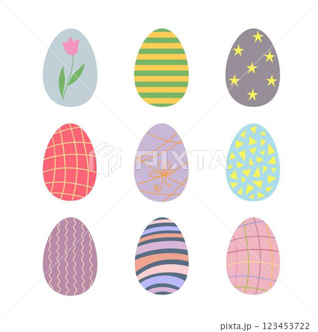 Easter eggs set colorful decorated in festive tones holiday symbol, flat style hand drawn vector illustration for spring celebration time decor, greeting cards, invitations, banners, web design 123453722