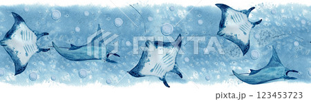Manta ray wave watercolor seamless pattern isolated on white. High quality hand-drawn monochromatic illustration for notebooks, posters, wallpaper, textile, beach towel, wrapping paper and room decor 123453723