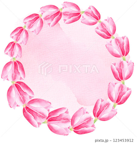 Tulip watercolor wreath with pink underlay on white. Hand painted delicate pink flower, eco design. High quality clip art perfect for mother's day, women's day cards, posters, banners, decor and 123453912