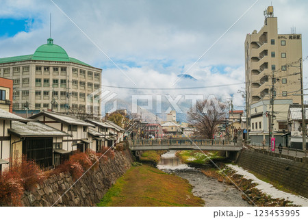 冬の女鳥羽川と松本市街地の景色 冬の女鳥羽川と松本市街地の景色 123453995
