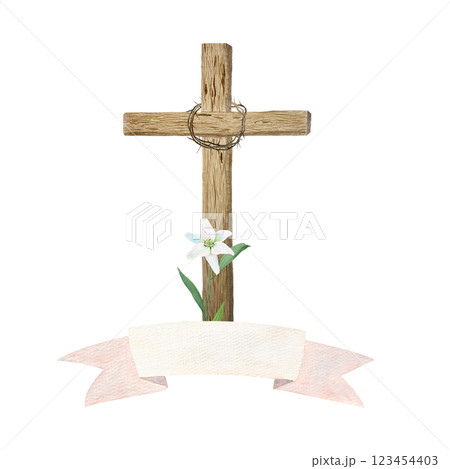 Wooden cross, crown of thorns and lily with empty banner watercolor composition isolated on white. Template perfect for Easter, Passover, Holy Thursday, christening baptism, wedding cards decor design Wooden cross, crown of thorns and lily with empty banner watercolor composition isolated on white. Template perfect for Easter, Passover, Holy Thursday, christening baptism, wedding cards decor design 123454403