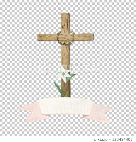 Wooden cross, crown of thorns and lily with empty banner watercolor composition isolated on white. Template perfect for Easter, Passover, Holy Thursday, christening baptism, wedding cards decor design 123454403