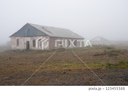 Abandoned destroyed old buildings, heavy fog 123455388