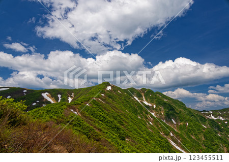 大白川からの登山道から見る初夏の守門岳山頂 大白川からの登山道から見る初夏の守門岳山頂 123455511