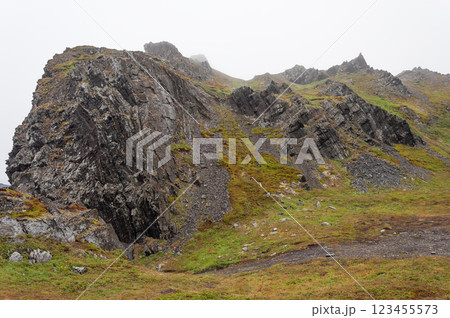 Rocky mountain, tundra summer landscape, foggy morning 123455573