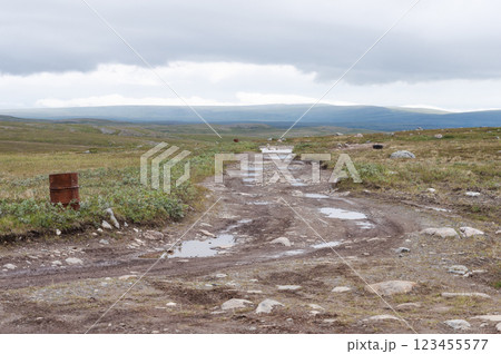 Rocky road in the tundra, heavy fog Rocky road in the tundra, heavy fog 123455577