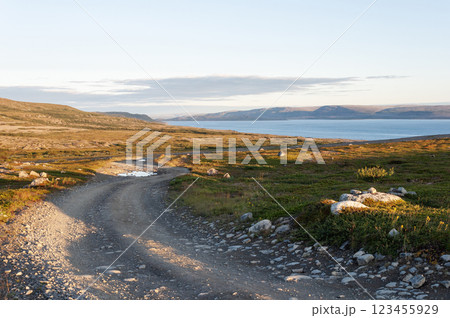 Gravel road in tundra at sunset Gravel road in tundra at sunset 123455929