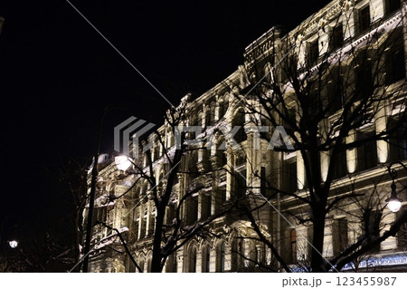 The Beautifully Illuminated Historic Building Standing Out at Nighttime in the City 123455987