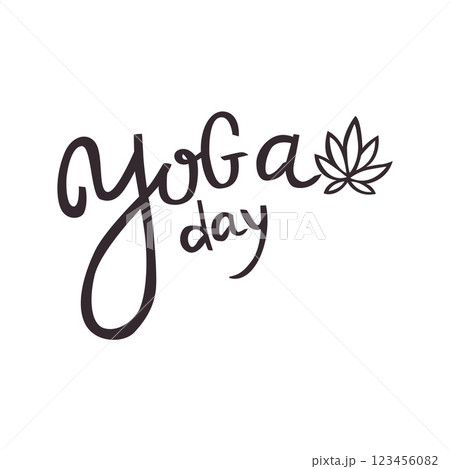 Yoga day hand lettering text with lotus isolated on white background. Vector typography for t shirts, clothes, posters, yoga studio decorations, gyms, stickers 123456082