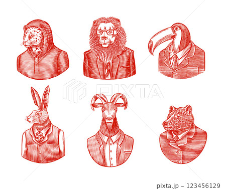 6 different animals and birds in humans clothes and suits. Lion, tuscan bird and bear next to rabbit 123456129
