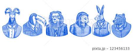 6 different animals and birds in humans clothes and suits. Lion, tuscan bird and bear next to rabbit 123456133