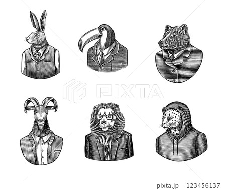 6 different animals and birds in humans clothes and suits. Lion, tuscan bird and bear next to rabbit 123456137