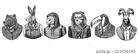 6 different animals and birds in humans clothes and suits. Lion, tuscan bird and bear next to rabbit 123456143