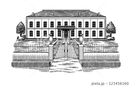 Italian or French villa from riviera. Mediterranean landscape for wine label with vineyards and Italian or French villa from riviera. Mediterranean landscape for wine label with vineyards and 123456160