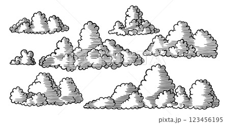 Hand drawn Clouds in sketchy style in monochrome. engraved big and small in different shapes for Hand drawn Clouds in sketchy style in monochrome. engraved big and small in different shapes for 123456195