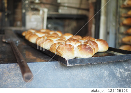 Enjoy delicious, freshly baked buns from a rustic bakery oven for a delightful experience 123456198