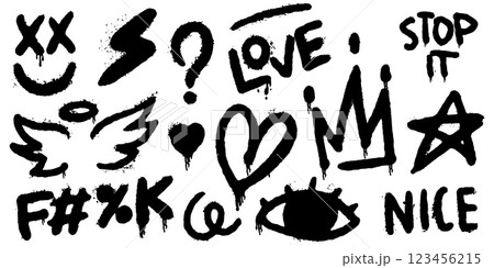 Spray paint graffiti elements and quotes. Love and peace, crown and smile with heart and angel wings 123456215