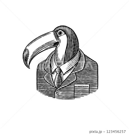 Toucan bird in human clothes or outfit. South American Male animal character for wild life usage. In 123456257