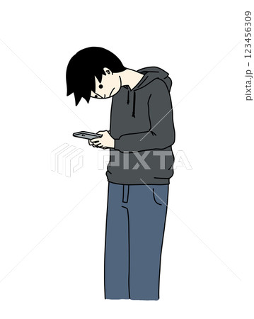 スマホを見ている男性の首がスマホ首になっている絵 123456309