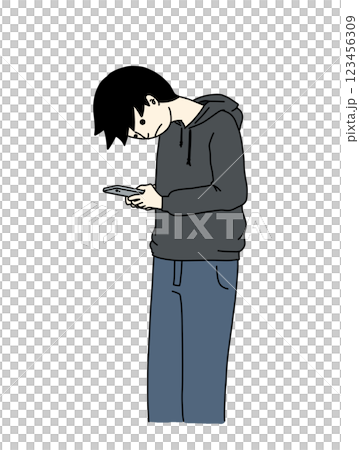 スマホを見ている男性の首がスマホ首になっている絵 123456309