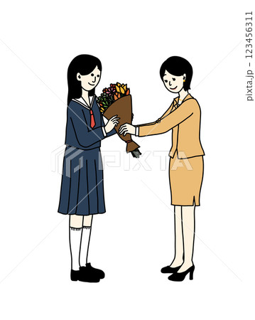 セーラー制服を着た女学生に正装を着た母親が花束を贈る絵 123456311