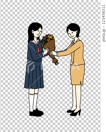 セーラー制服を着た女学生に正装を着た母親が花束を贈る絵 123456311