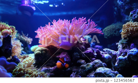 A coral reef with a pink flower and an orange fish 123456567