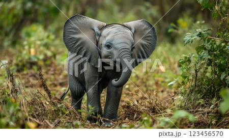 A baby elephant is walking through a field of grass 123456570