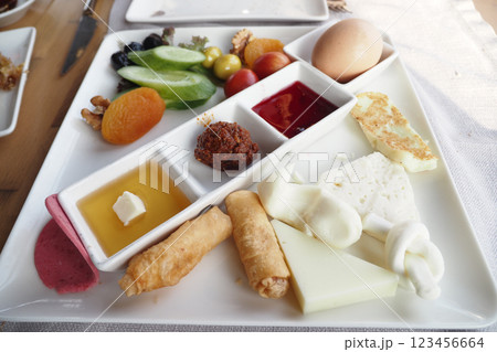 Diverse breakfast platter featuring assorted cheeses and fruits Diverse breakfast platter featuring assorted cheeses and fruits 123456664
