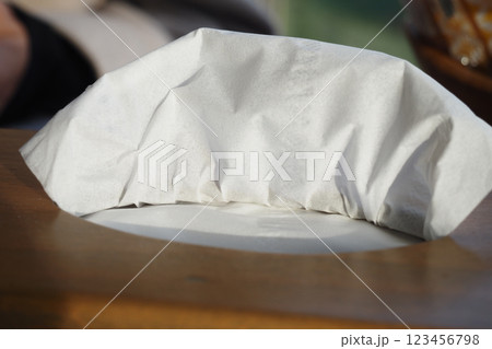 Tissue covering an empty plate on a wooden table outdoors Tissue covering an empty plate on a wooden table outdoors 123456798