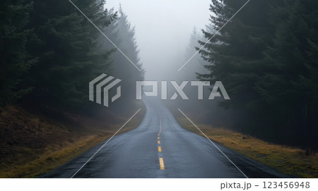 A road with trees on either side and a foggy atmosphere 123456948