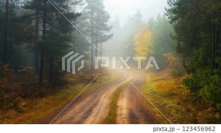 A road in a forest with foggy weather 123456962