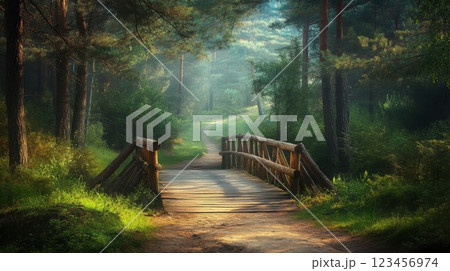 A bridge over a forest path with a bridge that is wooden A bridge over a forest path with a bridge that is wooden 123456974