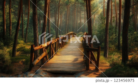 A wooden bridge spans a forest, with trees on either side A wooden bridge spans a forest, with trees on either side 123456975