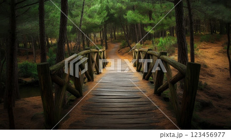 A wooden bridge spans a forest path A wooden bridge spans a forest path 123456977