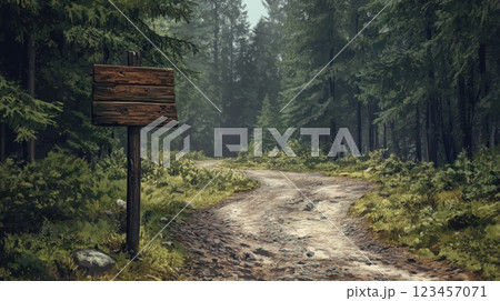 A sign is on a wooden post in a forest A sign is on a wooden post in a forest 123457071
