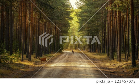 A deer is walking down a road in a forest 123457075