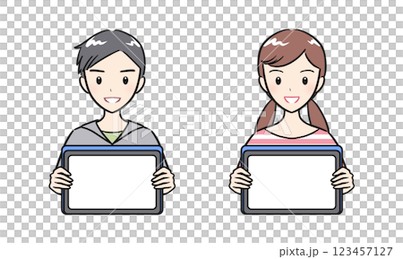 一組小學男孩和女孩拿著平板電腦 一組小學男孩和女孩拿著平板電腦 123457127