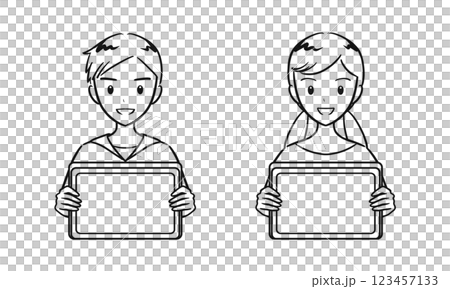 Set of boys and girls of elementary school students holding a tablet (line drawing) Set of boys and girls of elementary school students holding a tablet (line drawing) 123457133