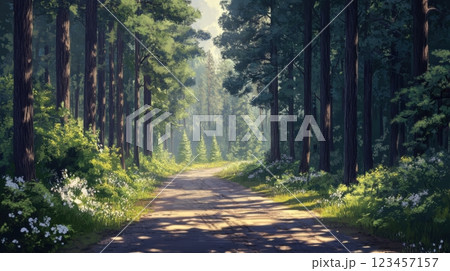 A forest path with a road running through it 123457157